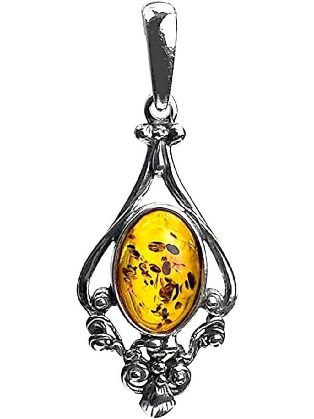Large Amber Sterling Silver Filigree Pendant Necklace - Unique Statement Jewelry